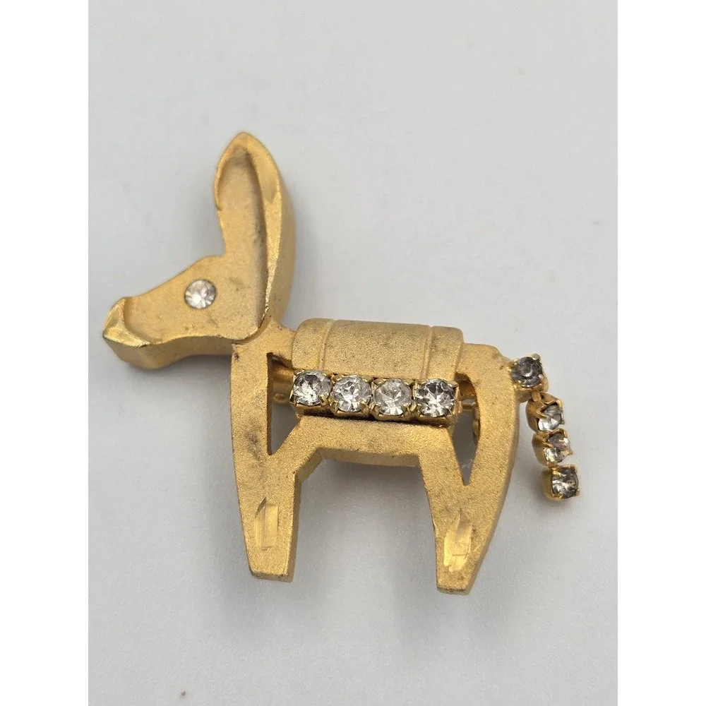 Vintage Gold Tone Donkey Burro Brooch Pin Clear Rhinestones‎ Democrat